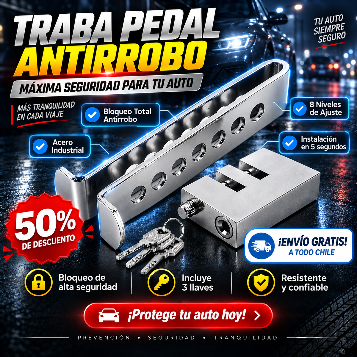 TRABA PEDAL CANDADO ANTIRROBO-Máxima seguridad para tu vehículo🔐🚗