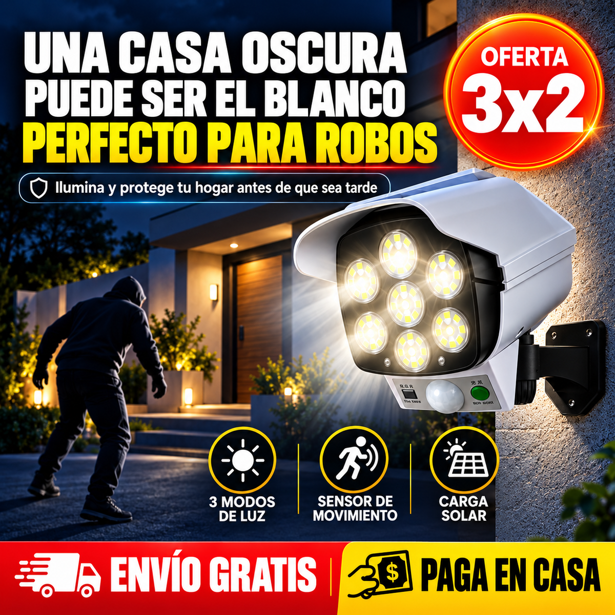 3X2 FOCO SOLAR TIPO CAMARA - Con sensor de Movimieto
