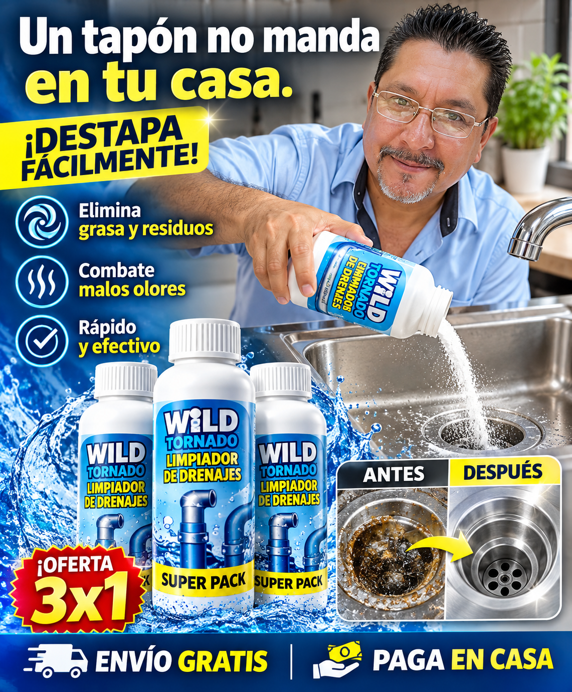 PACK 3x1 : Destapa Cañerias - Limpia y destapa en Segundos.